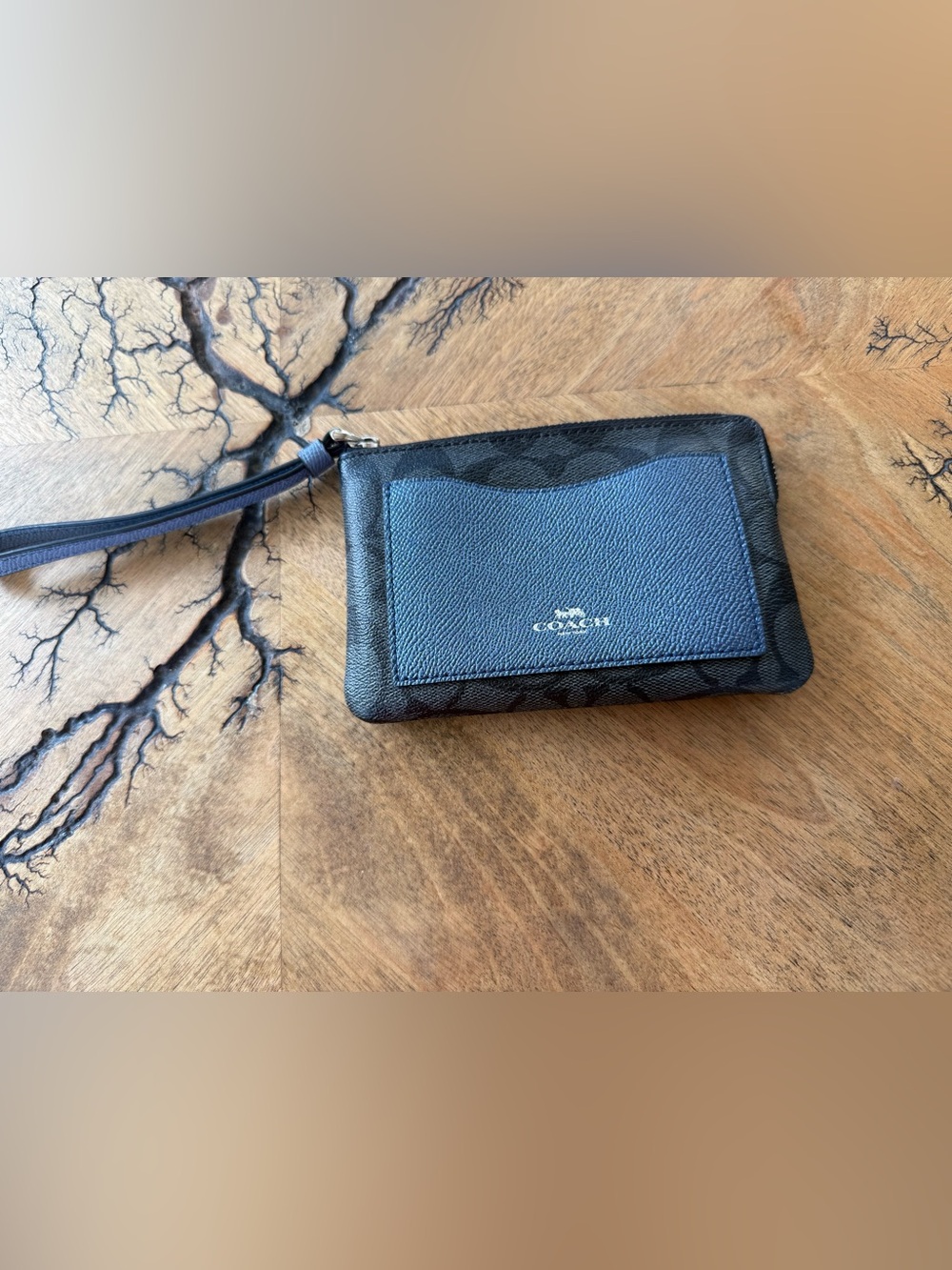 Coach Wallet Wristlet Black Smoke Metallic Navy CC Logo EUC